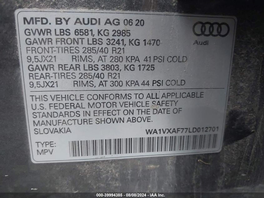 2020 Audi Q7 Prestige 55 Tfsi Quattro Tiptronic VIN: WA1VXAF77LD012701 Lot: 39994385