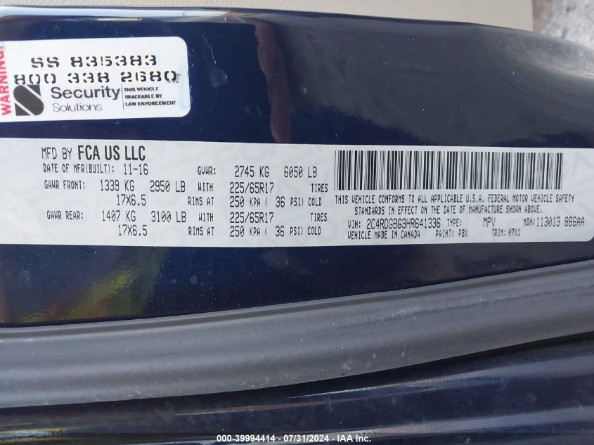 2017 Dodge Grand Caravan Se VIN: 2C4RDGBG3HR641336 Lot: 39994414