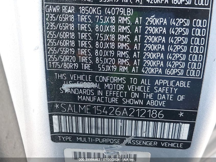 2006 Land Rover Range Rover Hse VIN: SALME15426A212186 Lot: 39994463