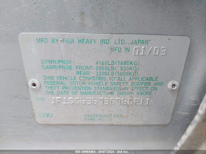 2003 Subaru Forester X VIN: JF1SG63673G760211 Lot: 39994464