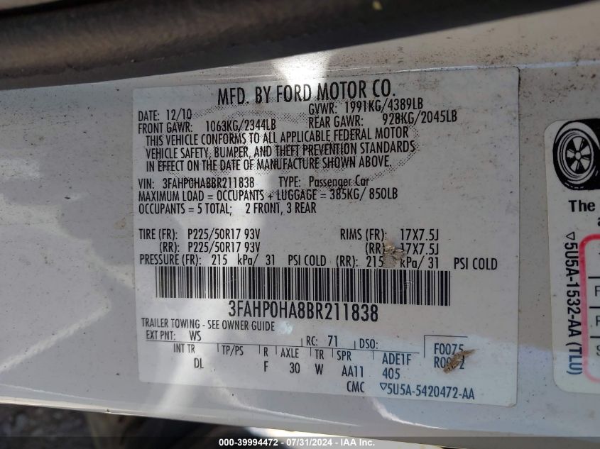 2011 Ford Fusion Se VIN: 3FAHP0HA8BR211838 Lot: 39994472