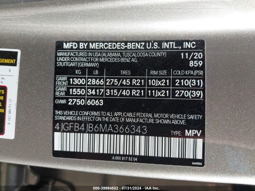 2021 Mercedes-Benz Gle 350 VIN: 4JGFB4JB6MA366343 Lot: 39994502