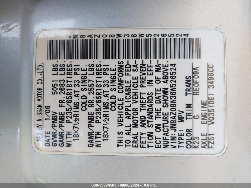 2006 Nissan Murano Sl/Se/S VIN: JN8AZ08W36W526524 Lot: 39994503