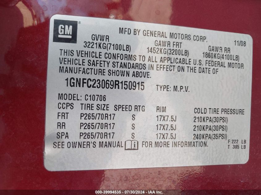 2009 Chevrolet Tahoe Lt1 VIN: 1GNFC23069R150915 Lot: 39994535