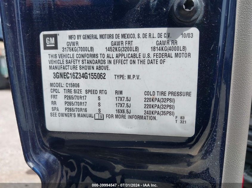 2004 Chevrolet Suburban 1500 Lt VIN: 3GNEC16Z34G155062 Lot: 39994547