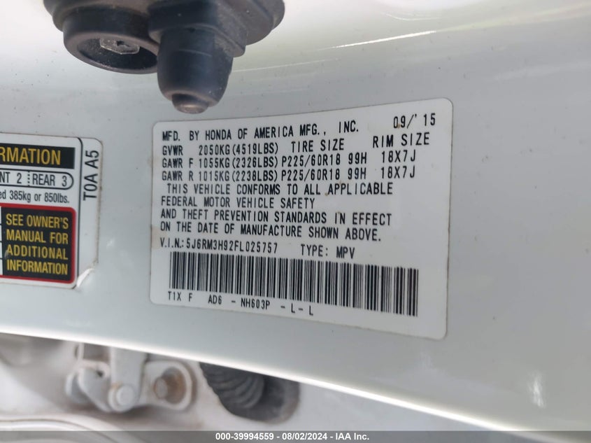 2015 HONDA CR-V TOURING - 5J6RM3H92FL025757