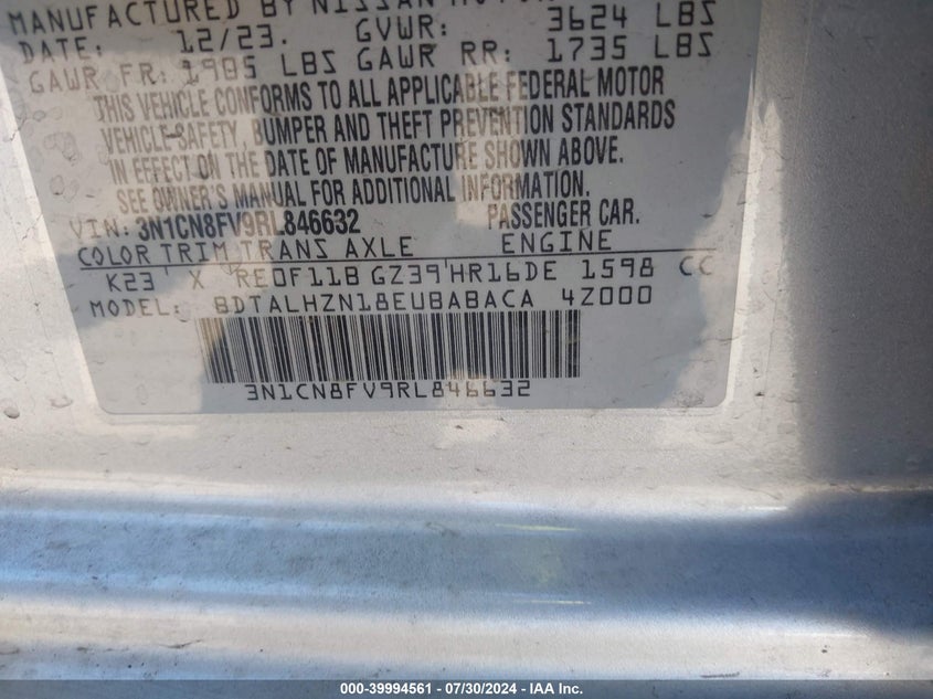 2024 Nissan Versa 1.6 Sr VIN: 3N1CN8FV9RL846632 Lot: 39994561