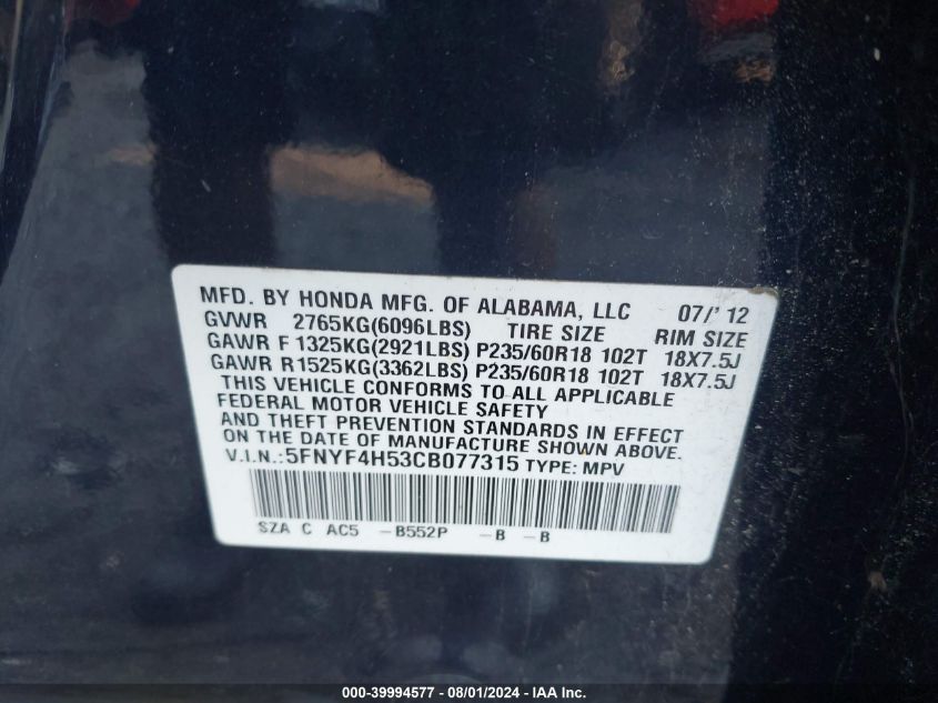 2012 Honda Pilot Ex-L VIN: 5FNYF4H53CB077315 Lot: 39994577