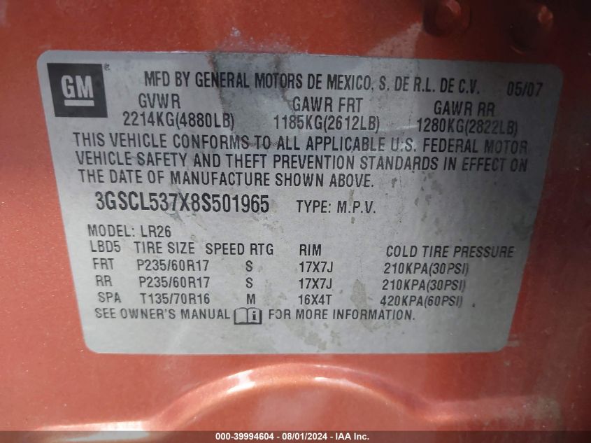 2008 Saturn Vue Xr VIN: 3GSCL537X8S501965 Lot: 39994604