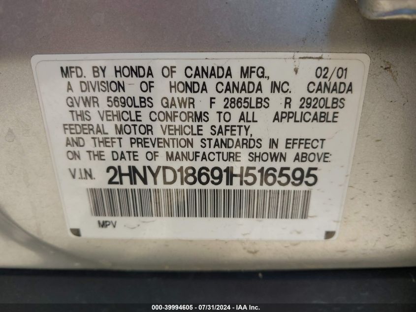 2001 Acura Mdx VIN: 2HNYD18691H516595 Lot: 39994605