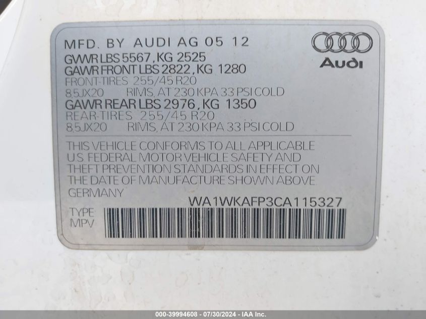 2012 Audi Q5 3.2 Premium VIN: WA1WKAFP3CA115327 Lot: 39994608