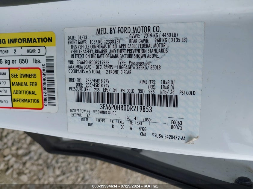 2013 Ford Fusion Se VIN: 3FA6P0HR0DR219853 Lot: 39994634