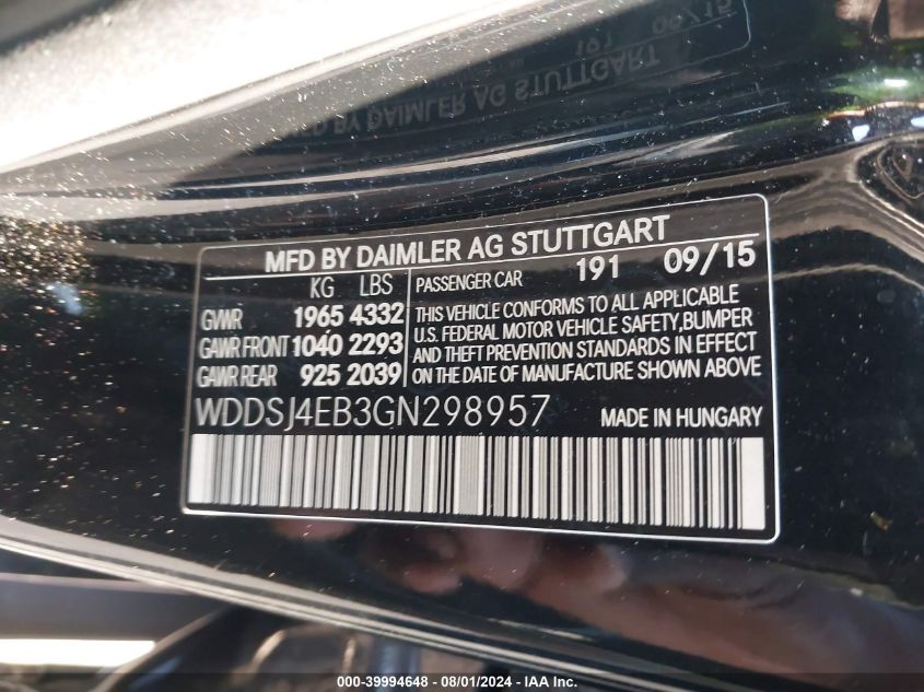 2016 Mercedes-Benz Cla 250 VIN: WDDSJ4EB3GN298957 Lot: 39994648