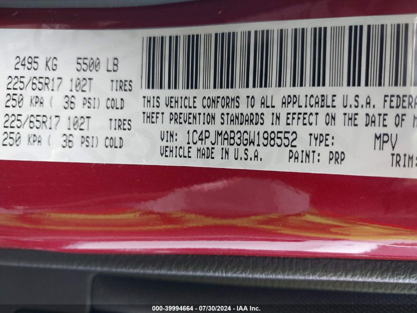 2016 Jeep Cherokee Sport VIN: 1C4PJMAB3GW198552 Lot: 39994664