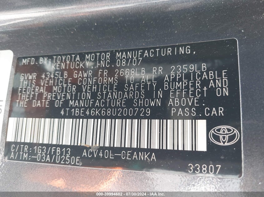 2008 Toyota Camry Le VIN: 4T1BE46K68U200729 Lot: 39994682