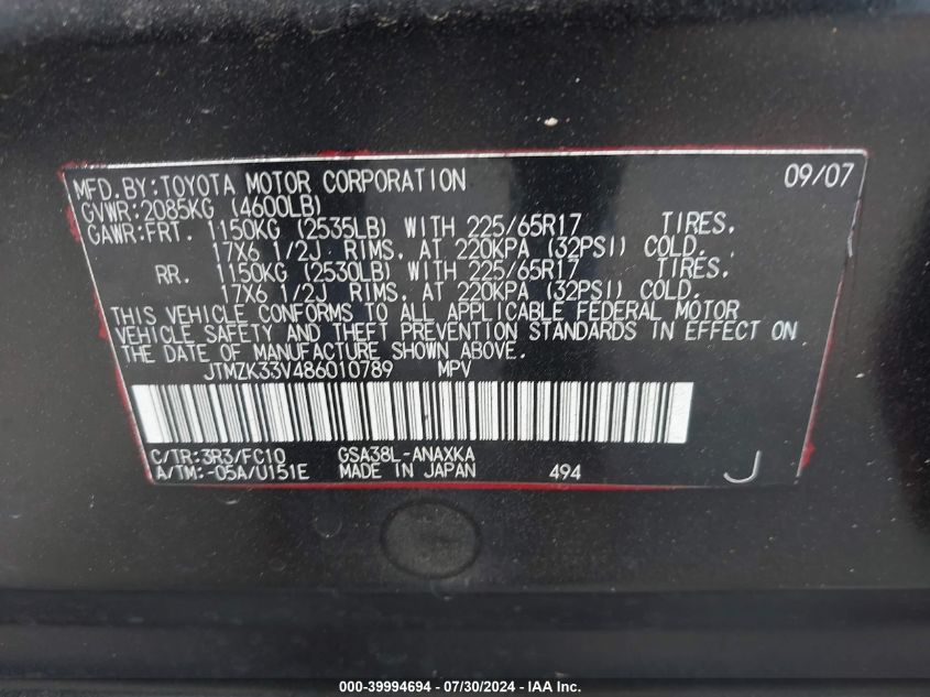 2008 Toyota Rav4 VIN: JTMZK33V486070789 Lot: 39994694