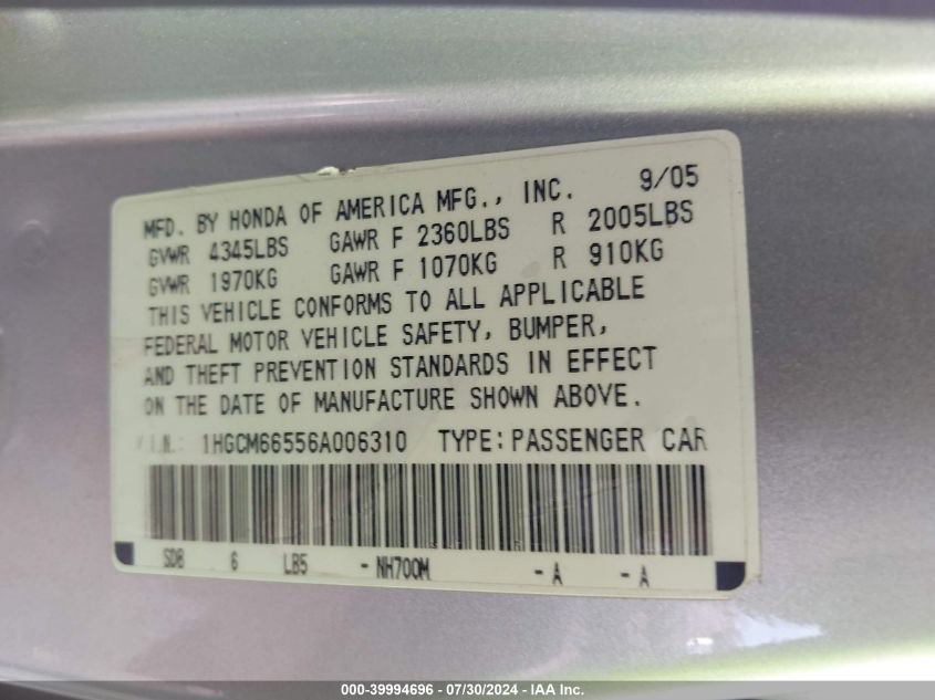 2006 Honda Accord 3.0 Ex VIN: 1HGCM66556A006310 Lot: 39994696