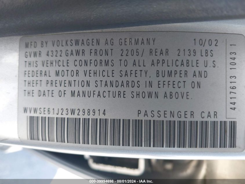 2003 Volkswagen Jetta Gls VIN: WVWSE61J23W298914 Lot: 39994698