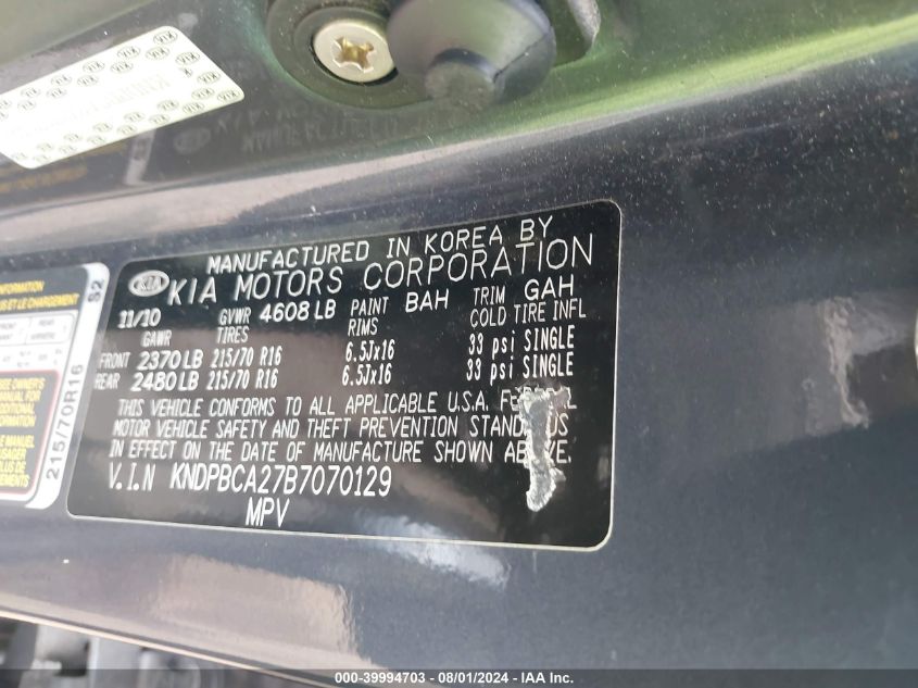 2011 Kia Sportage Lx VIN: KNDPBCA27B7070129 Lot: 39994703