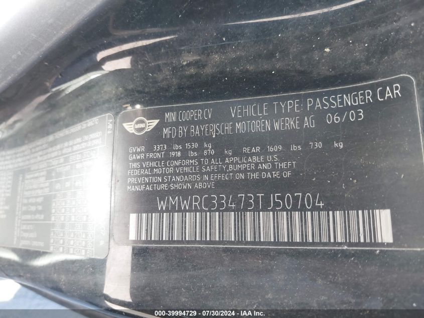 2003 Mini Cooper VIN: WMWRC33473TJ50704 Lot: 39994729