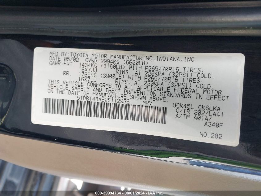 2002 Toyota Sequoia Limited V8 VIN: 5TDBT48A62S112936 Lot: 39994734