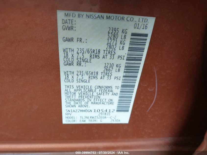 2016 Nissan Murano Sl VIN: 5N1AZ2MH0GN105412 Lot: 39994753