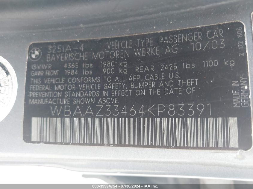 2004 BMW 325I VIN: WBAAZ33464KP83391 Lot: 39994754