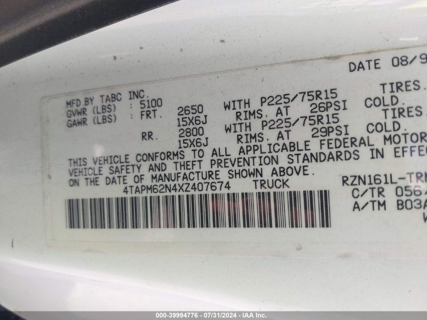1999 Toyota Tacoma VIN: 4TAPM62N4XZ407674 Lot: 39994776