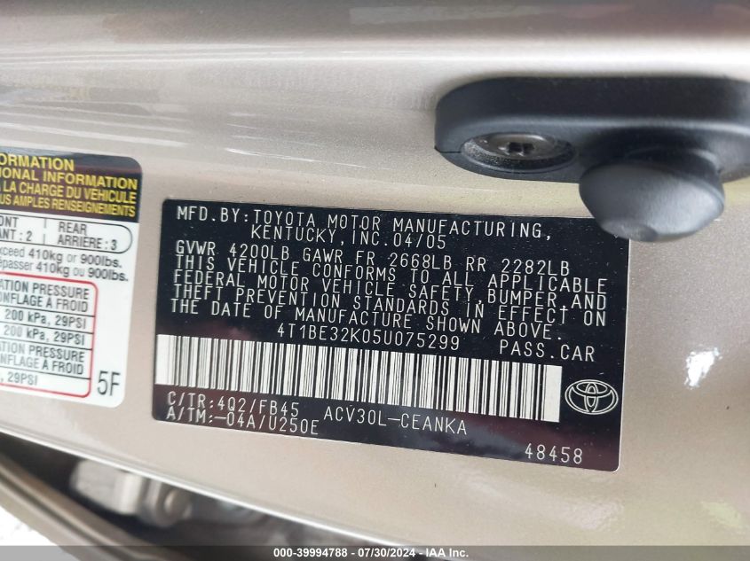 2005 Toyota Camry Le VIN: 4T1BE32K05U075299 Lot: 39994788