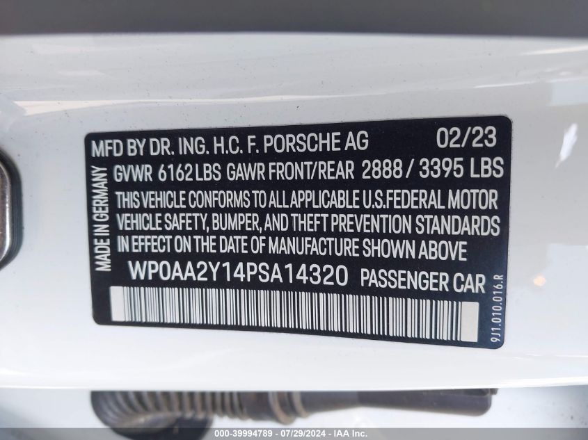 2023 Porsche Taycan VIN: WP0AA2Y14PSA14320 Lot: 39994789