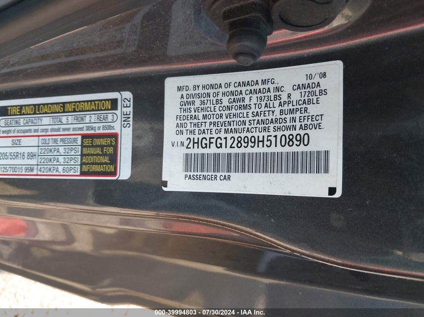 2009 Honda Civic Ex VIN: 2HGFG12899H510890 Lot: 39994803