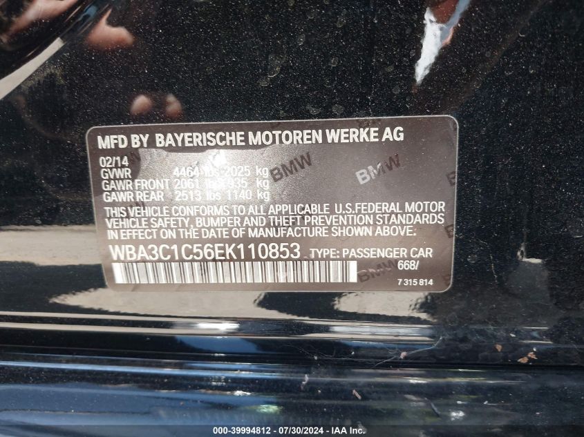 2014 BMW 328I VIN: WBA3C1C56EK110853 Lot: 39994812