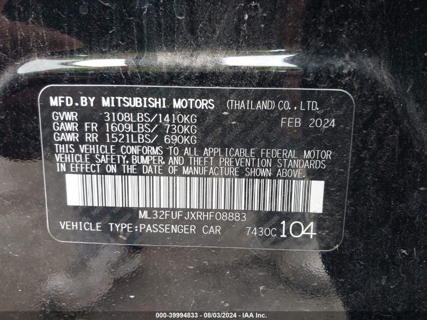 2024 Mitsubishi Mirage G4 Black Edition VIN: ML32FUFJXRHF08883 Lot: 39994833