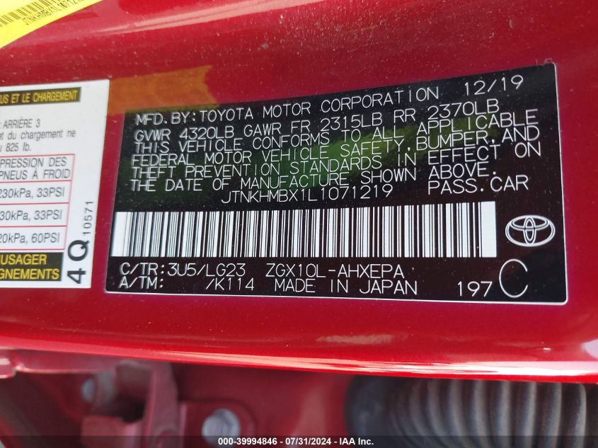 2020 Toyota C-Hr Xle/Le/Limited VIN: JTNKHMBX1L1071219 Lot: 39994846