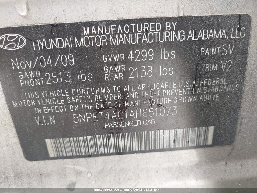 2010 Hyundai Sonata Gls VIN: 5NPET4AC1AH651073 Lot: 39994859