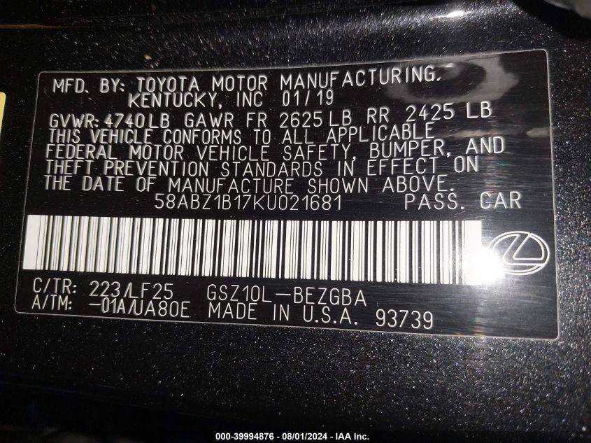 2019 Lexus Es 350 F Sport VIN: 58ABZ1B17KU021681 Lot: 39994876