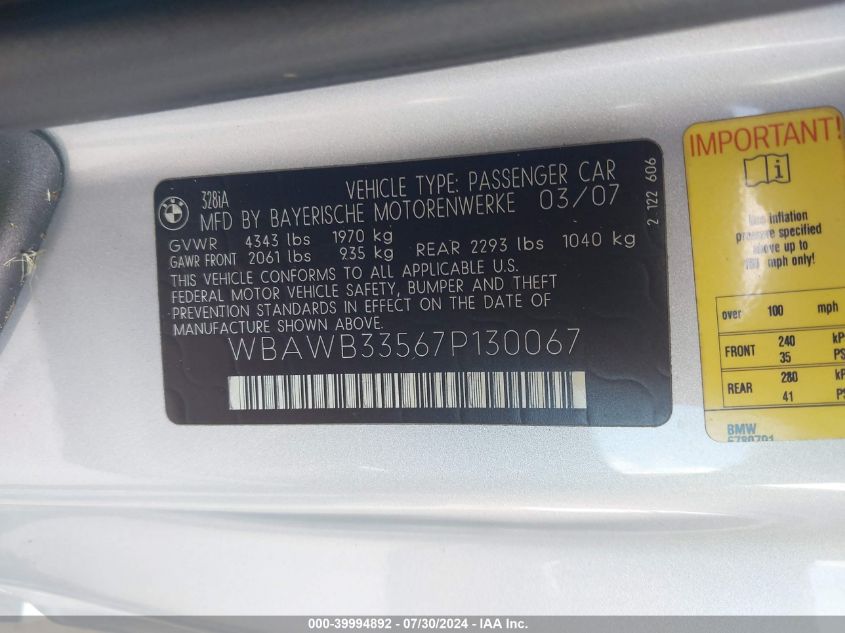 2007 BMW 328I VIN: WBAWB33567P130067 Lot: 39994892