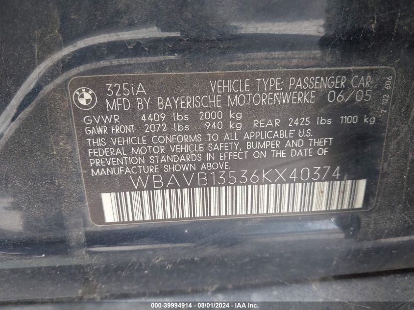 2006 BMW 325I I VIN: WBAVB13536KX40374 Lot: 39994914
