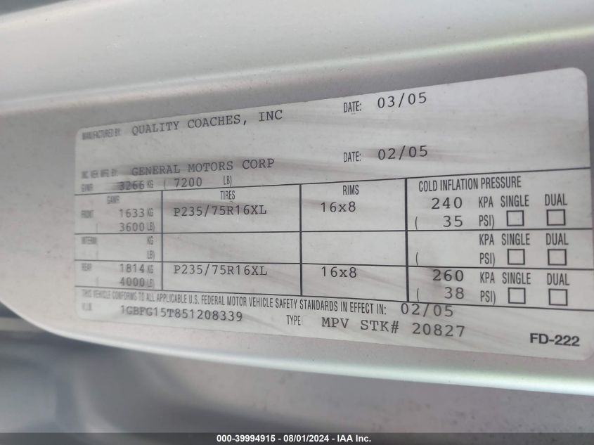 2005 Chevrolet Express Upfitter VIN: 1GBFG15T851208339 Lot: 39994915