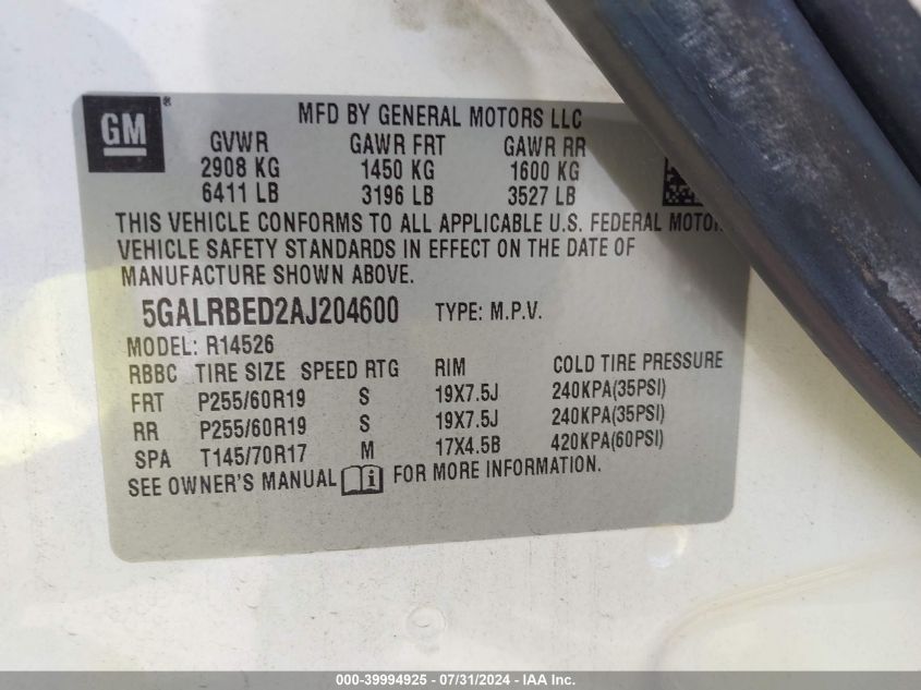 2010 Buick Enclave 1Xl VIN: 5GALRBED2AJ204600 Lot: 39994925