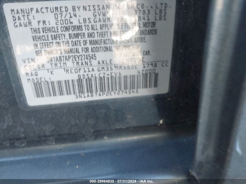 VIN 3N1AB7AP2EY274545 2014 Nissan Sentra, S no.9