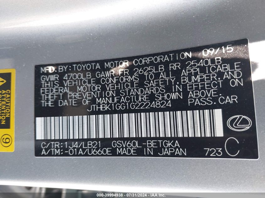 2016 Lexus Es 350 VIN: JTHBK1GG1G2224824 Lot: 39994938