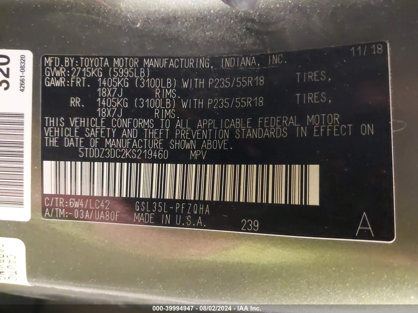 2019 TOYOTA SIENNA XLE - 5TDDZ3DC2KS219460