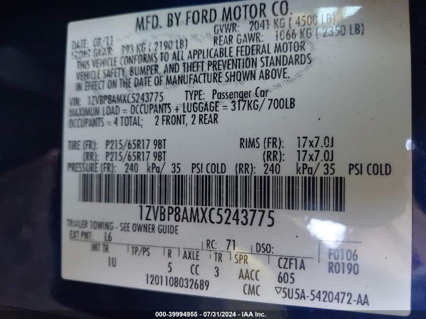 2012 Ford Mustang V6 VIN: 1ZVBP8AMXC5243775 Lot: 39994955