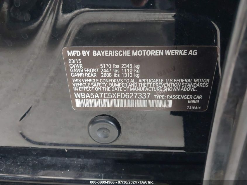 2015 BMW 528I xDrive VIN: WBA5A7C5XFD627337 Lot: 39994966