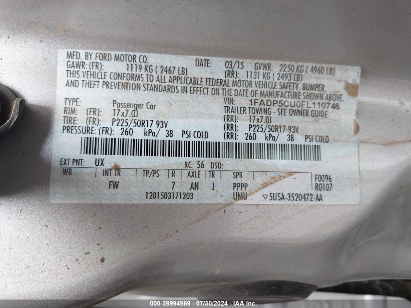 2015 Ford C-Max Energi Sel VIN: 1FADP5CU0FL110746 Lot: 39994969