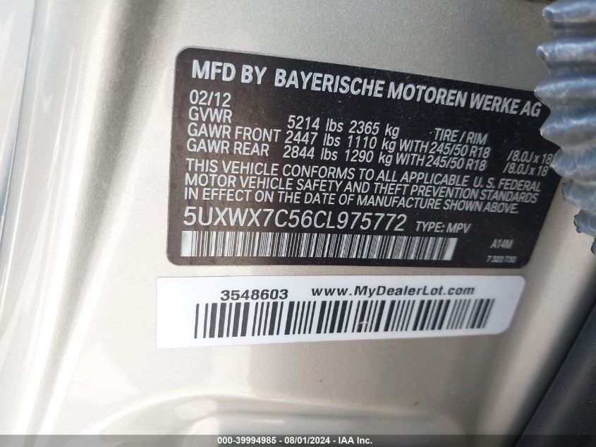 2012 BMW X3 xDrive35I VIN: 5UXWX7C56CL975772 Lot: 39994985