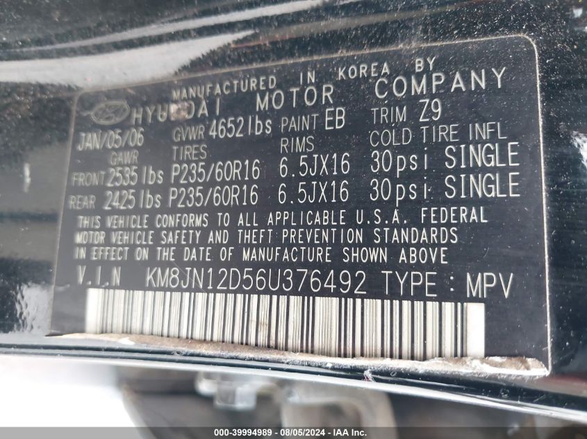 2006 Hyundai Tucson Gls/Limited VIN: KM8JN12D56U376492 Lot: 39994989