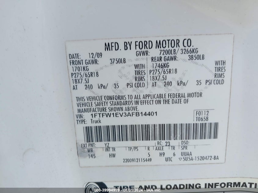2010 Ford F-150 Fx4/Harley-Davidson/King Ranch/Lariat/Platinum/Xl/Xlt VIN: 1FTFW1EV3AFB14401 Lot: 39994999