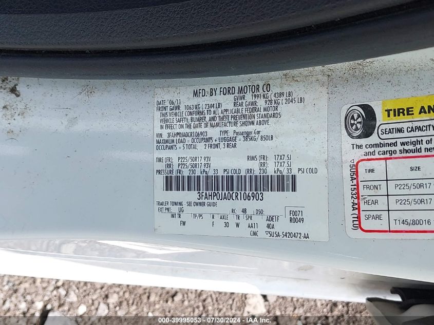 2012 Ford Fusion Sel VIN: 3FAHP0JA0CR106903 Lot: 39995053